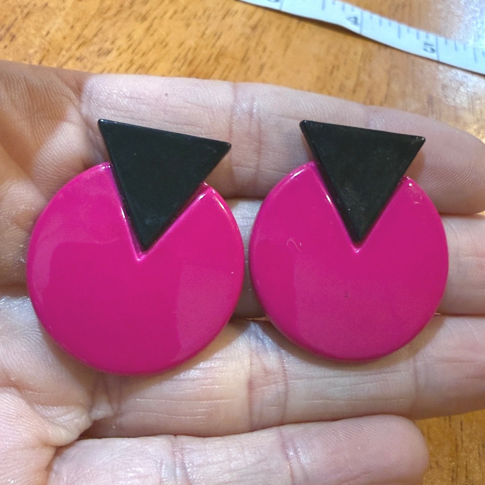 Vintage 80s Style Hot Pink Black Geometric Circle Triangle Stud Earrings Large